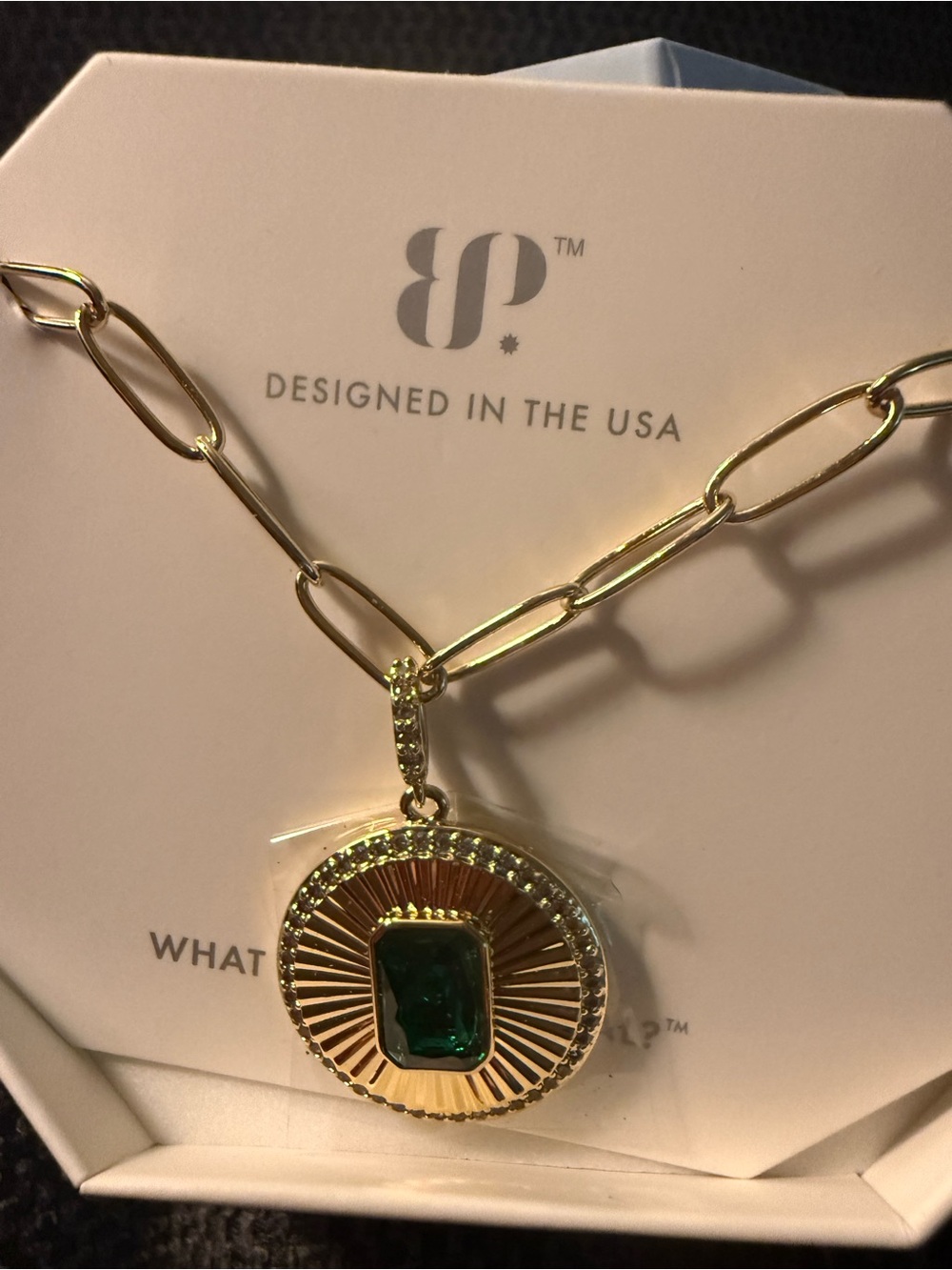 Gold-Tone Chain Necklace with Emerald Green Center Pendant